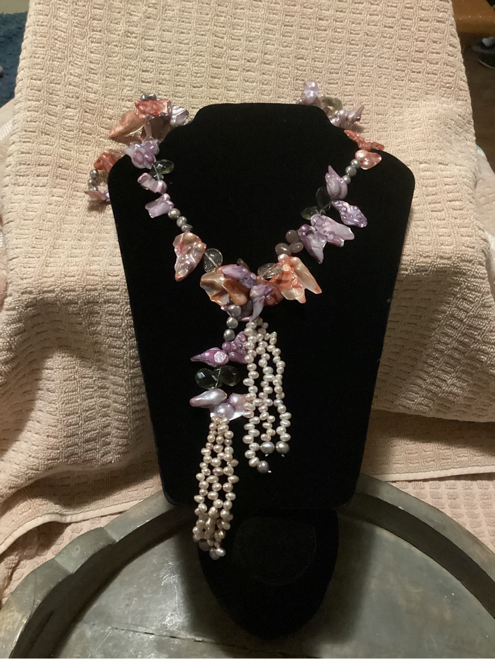 Handcrafted Lavender and Peach Pearl Drop Necklace